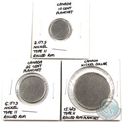 Blank planchets Canada 10-cent (2.07 g; Type 2 rolled rim), 25-cent (5.07 g; Type 2 rolled rim) & Ni