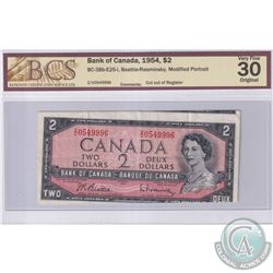 BC-38b-E25-i 1954 Bank of Canada $2, Modified Portrait, Beattie-Rasminsky, S/N: Z/U0549996, Cut Out 