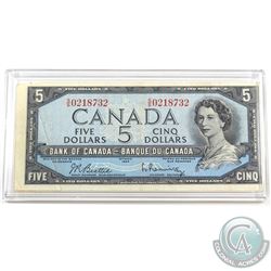 BC-39b-E23-i 1954 Bank of Canada $5 "Gutter Fold" pre-print crease. Beattie-Rasminsky S/N: S/S021873
