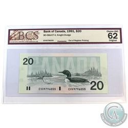 Error BC-58d-E7-ii 1991 Bank of Canada $20, Knight-Dodge, S/N: EVV9796055, Out of Register Printing,