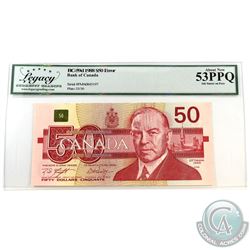 BC-59d-E2-I 1988 Bank of Canada $50 Ink Smear on face "Scar Face"  Knight-Dodge S/N: FMA0843197. Leg