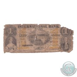 380-10-12-02 1858 International Bank of Canada $1, S/N: 3776-A, Note features Markell Falls. A rare 