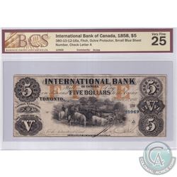 380-10-12-16a 1858 International Bank of Canada $5, Ochre Protector, Small Blue Sheet, Fitch S/N: 10