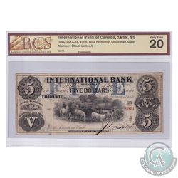 380-10-14-16 1858 International Bank of Canada $5, Fitch, Blue Protector, Small Red Sheet Number. S/