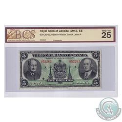 630-20-02 1943 Royal Bank of Canada $5, Dobson-Wilson, S/N: 052263-A. BCS Certified VF-25.