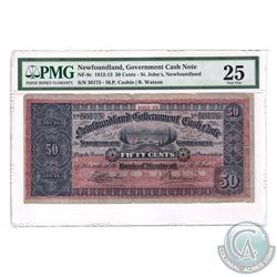 NF-8c 1912-13 Newfoundland Government 50-cent Cash Note, Cashin-Watson, S/N: 50175. PMG Certified VF