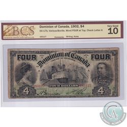 DC-17b 1902 Dominion of Canada $4, Word 'FOUR' at Top, Various-Bouville S/N: 183127-A. BCS Certified