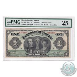 DC-18c 1911 Dominion of Canada $1 Green Line, Series K, Various-Bouville, S/N: 637319-B. PMG Certifi