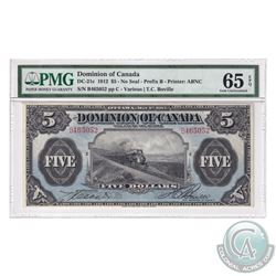 DC-21c 1912 Dominion Of Canada $5, No Seal, Various-Boville S/N: B465052-C. PMG Certified GEM UNC-65