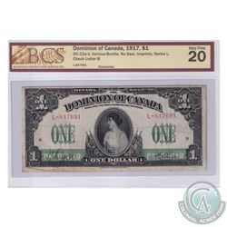 DC-23a-ii 1917 Dominion of Canada $1, No Seal, Imprints, Series L. Various-Bouville, S/N: L-847691-B