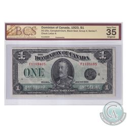 DC-25o 1923 Dominion Of Canada $1, Black Seal, Group 4, Series F, Campbell-Clark, S/N: F1109405-A. B