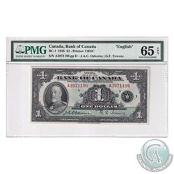 BC-1 1935 Bank of Canada English $1, Osborne-Towers, S/N: A3971196-D. PMG Certified GEM UNC-65 EPQ! 