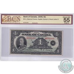 BC-1 1935 Bank of Canada English $1, Osborne-Towers S/N: A0761491-D. BCS Certified AU-55 Original.