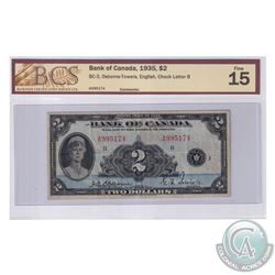 BC-3 1935 Bank of Canada English $2, Osborne-Towers, S/N: A995174-B. BCS Certified F-15.