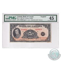BC-5 1935 Bank of Canada English $5, Osborne-Towers, S/N: A109024-D, PMG Certified Choice EF-45.