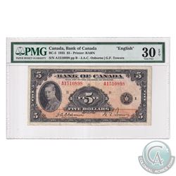 BC-5 1935 Bank of Canada English $5, Osborne-Towers, S/N: A1510898-B, PMG Certified VF-30 EPQ!