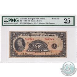 BC-6 1935 Bank of Canada French $5, Osborne-Towers, S/N: F062769-B PMG Certified VF-25 (rust). Note: