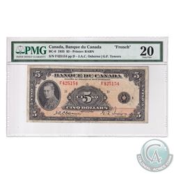 BC-6 1935 Bank of Canada French $5, Osborne-Towers, S/N: F425154-D. PMG Certified VF-20 (Discolorati
