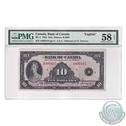 BC-7 1935 Bank of Canada English $10, Osborne-Towers, S/N: A495415-A. PMG Certified Choice AU-58 EPQ