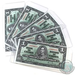 BC-21d, Five Consecutive 1937 Bank of Canada $1, Coyne-Towers, S/N: Y/M8009035-039. All Notes UNC or