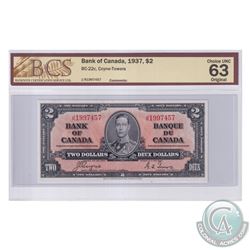 BC-22c 1937 Bank of Canada $2, Coyne-Towers, S/N: J/R1997457. BCS Certified Choice UNC-63 Original. 