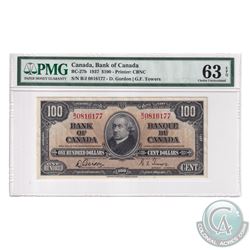 BC-27b 1937 Bank of Canada $100, Gordon-Towers, S/N: B/J0816177. PMG Certified Choice UNC-63 EPQ!