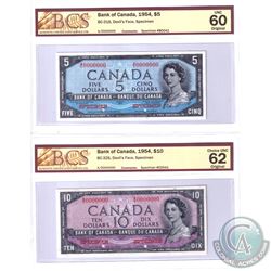BC-31S & BC-32S. 1954 Bank of Canada Devil's Face SPECIMEN $5 & $10 Matching Set (#B0041 & C0041). B