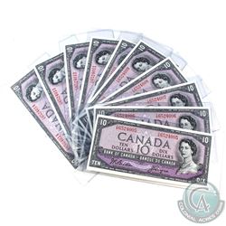 BC-40a, 10 Consecutive 1954 Bank of Canada $10, Beattie-Coyne, S/N: Y/D652005-014. All Notes UNC or 