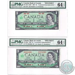 BC-45aS & BC-45Bs. A Matching Set of 2x $1 1967 Speciment Bank notes (#186). Set includes the BC-45a