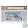 Image 1 : BC-56a-i 1986 Bank of Canada $5, Crow-Bouey, S/N: EOH5982472, Blue Back position number. BCS Certifi
