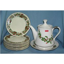 Holiday decorated tea/coffee pot, bowl and plate group