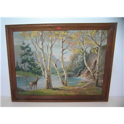 Painting on board landscape with deer and stream