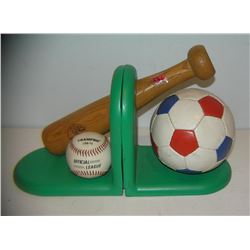 Pair of baseball and soccer themed book ends