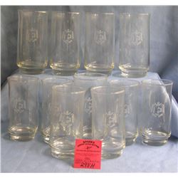 Box full of vintage etched drinking glasses