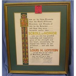 Vintage Scroll and honor award in beautiful gold frame