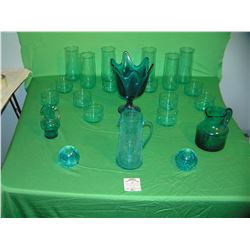 Collection of light and dark blue art glass