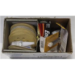 BOX OF ADHESIVE, SANDING DISCS & MORE