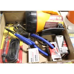 BOX OF ASSORTED NEW TOOLS: INCLUDES PLIERS,