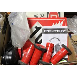 FLAT OF SIGNS, NOZZLES, HEARING PROTECTION & MORE