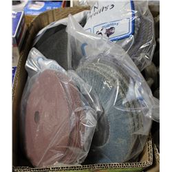 BOX OF ASSORTED SANDING DISCS, AND MORE