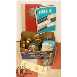 ESTATE BOX OF COLLECTIBLES INCLUDING BRASS ITEMS,
