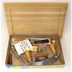 LOT OF SPECIALTY KNIVES/UTENSILS + CUTTING BOARD