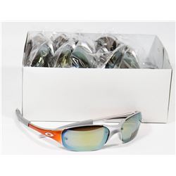 BOX OF SILVER AND ORANGE OAKLEY STYLED SUNGLASSES