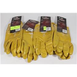 FOUR NEW HORIZON YELLOW PVC COATED WORK GLOVES