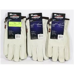 THREE NEW LEATHER HORIZON SIZE LARGE WORK GLOVES