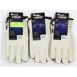 THREE NEW LEATHER HORIZON SIZE LARGE WORK GLOVES