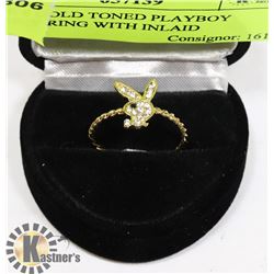 SIZE 8 GOLD TONED PLAYBOY BUNNY RING WITH INLAID