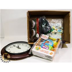 BOX WITH A CLOCK, OTHER ITEMS.