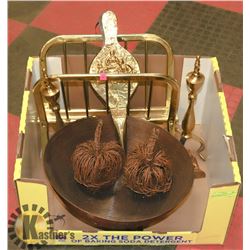 FLAT WITH BRASS LOG HOLDER, BRASS FIRE BELLOWS,