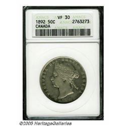 Canada. Victoria 50 Cents 1892, KM6, VF30 ANACS, scarce gra Victoria 50 Cents 1892, 